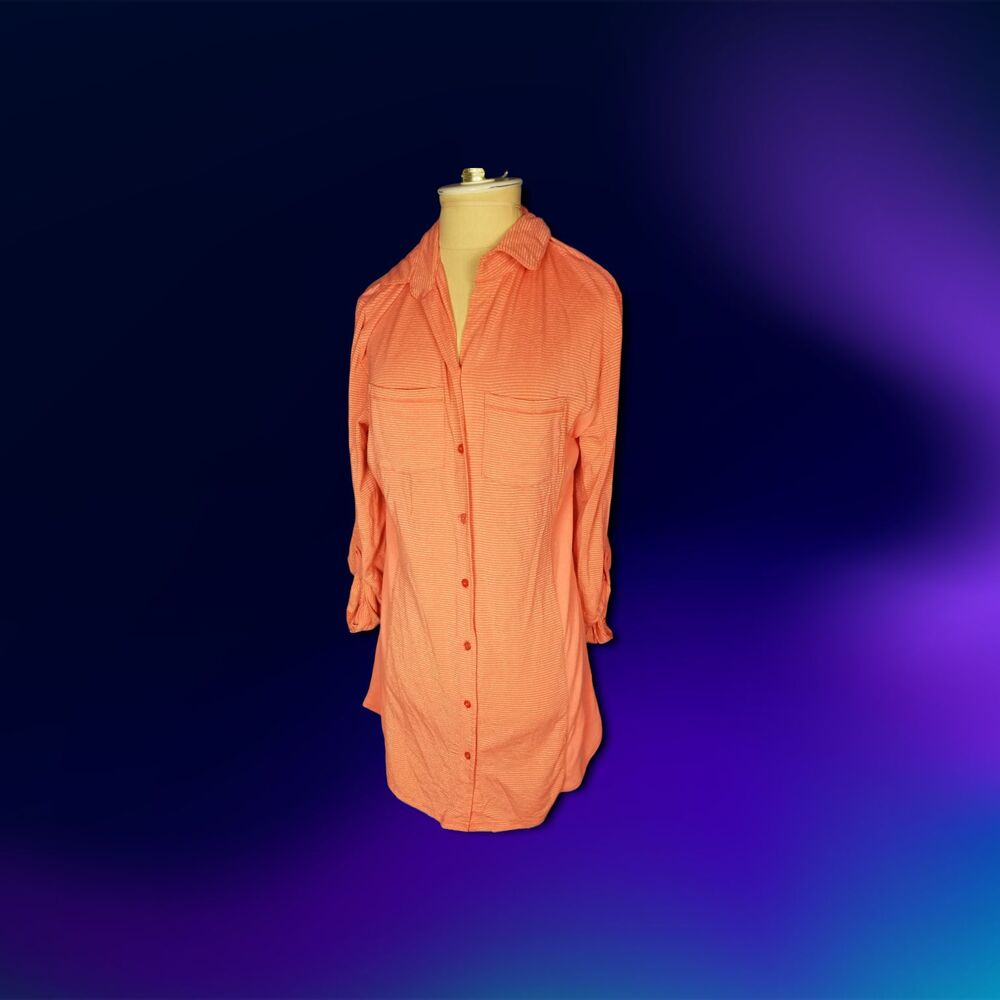 Splendid  Night Shirt Button down Coral with metallic stripes Size Small